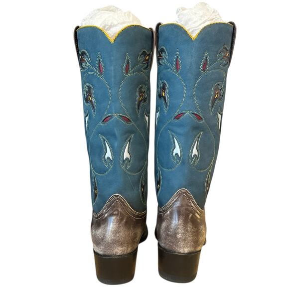 Frye Vintage Floral Blue Leather Pointed Tow Cowgirl Boots 8.5 - Picture 4 of 9